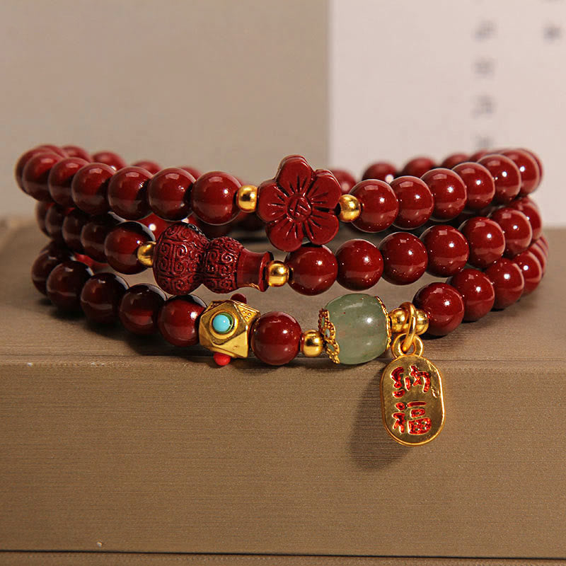 KarmaRipple's Cinnabar Fu Character Flower Gourd Triple Wrap Blessing Bracelet p8