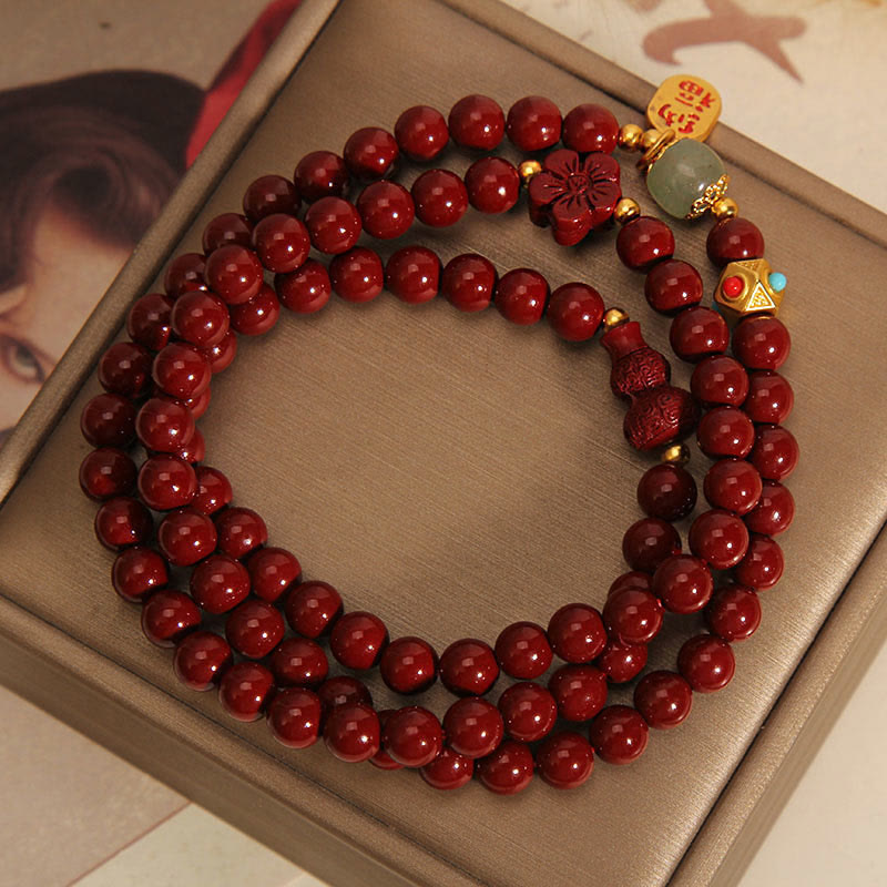 KarmaRipple's Cinnabar Fu Character Flower Gourd Triple Wrap Blessing Bracelet p4