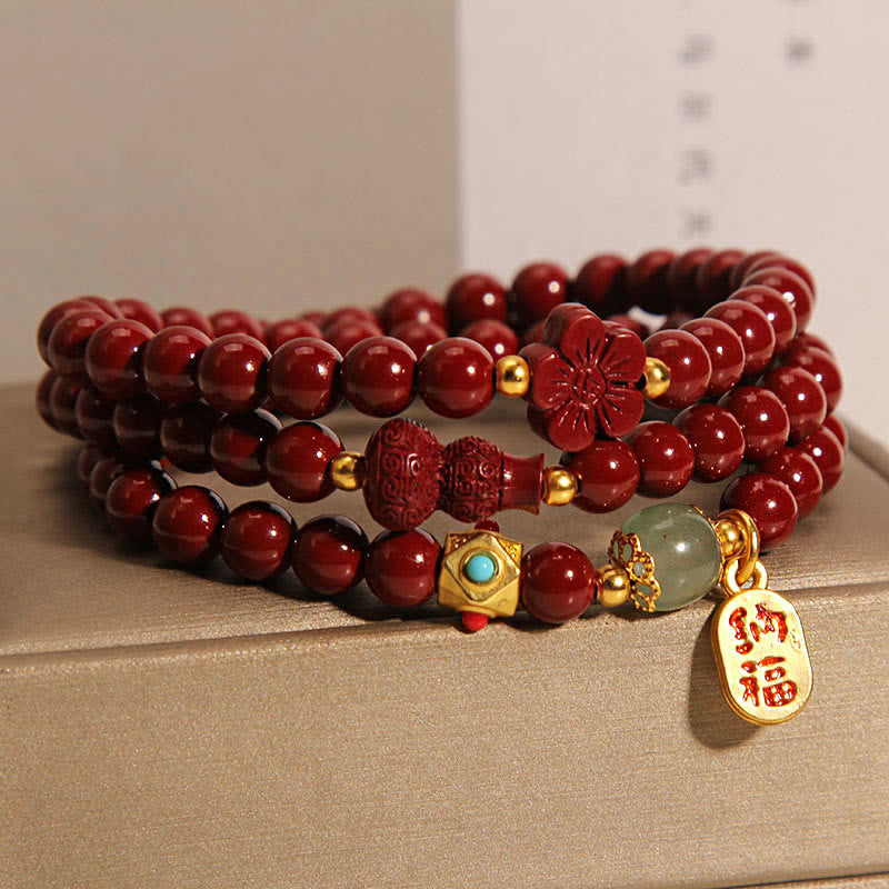 KarmaRipple's Cinnabar Fu Character Flower Gourd Triple Wrap Blessing Bracelet p2