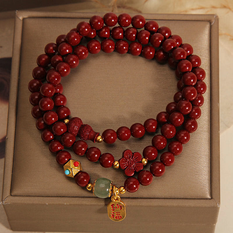 KarmaRipple's Cinnabar Fu Character Flower Gourd Triple Wrap Blessing Bracelet p3