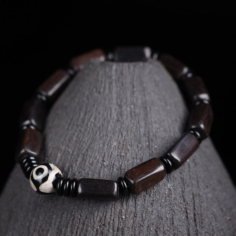 KarmaRipple's Ebony Wood Rectangular Beadwork Dzi Bead Balance Bracelet p1