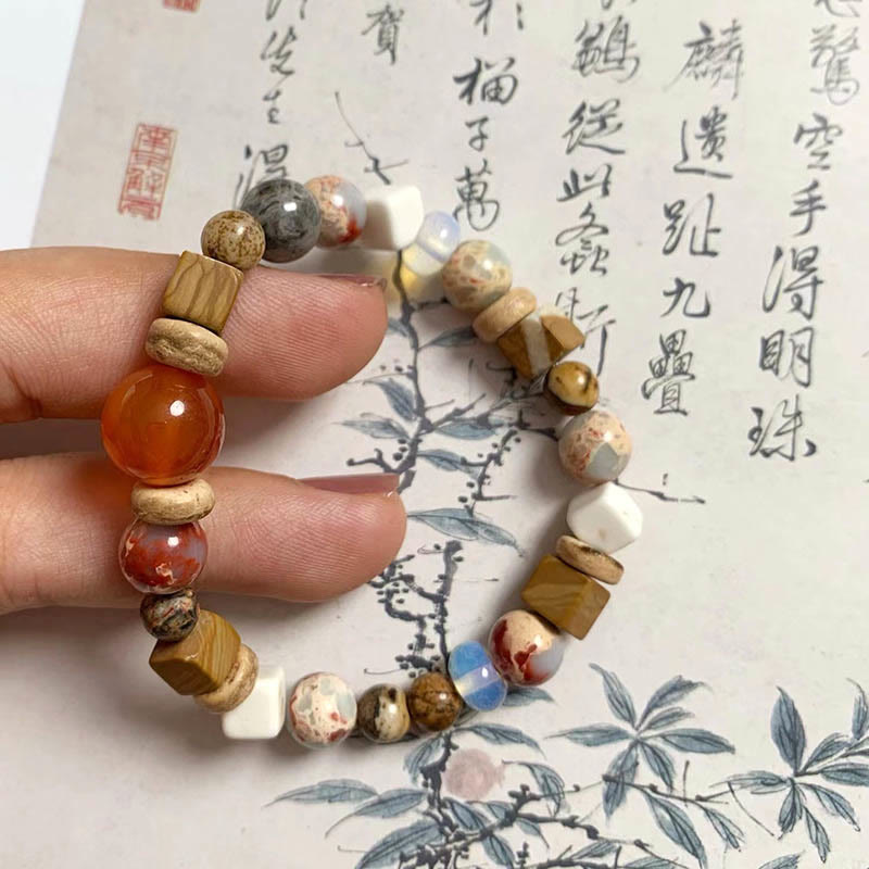 KarmaRipple's Red Agate Shoushan Stone Ivory Turquoise Calm Blessing Bracelet p5