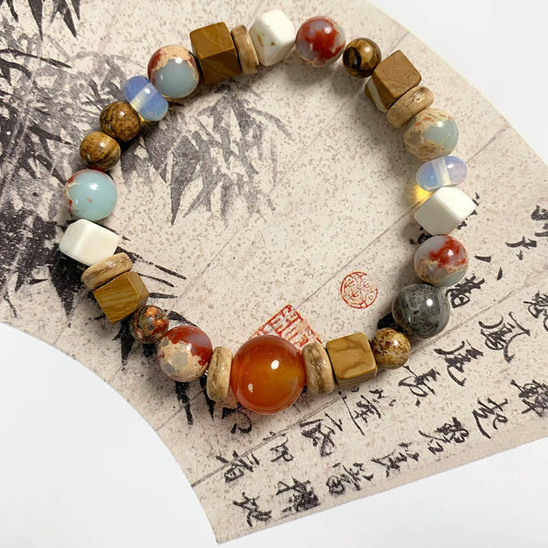 KarmaRipple's Red Agate Shoushan Stone Ivory Turquoise Calm Blessing Bracelet p18