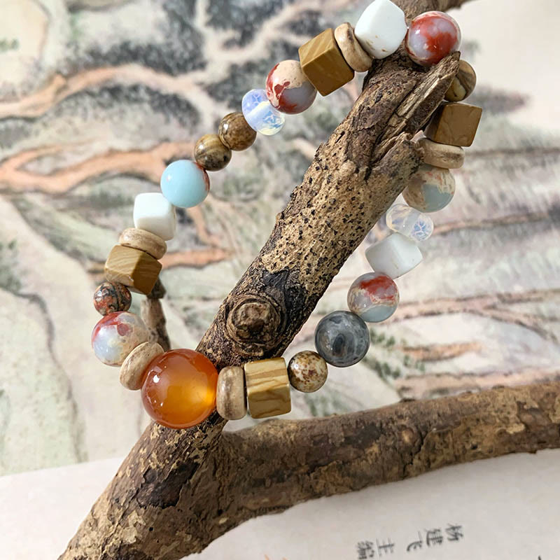 KarmaRipple's Red Agate Shoushan Stone Ivory Turquoise Calm Blessing Bracelet p14