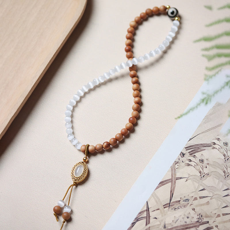 KarmaRipple's Sandalwood Cat's Eye Three-eyed Dzi Bead Gemstone Protectioin Bracelet p3