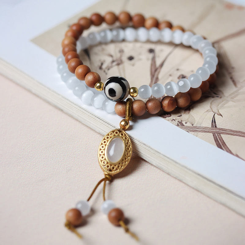 KarmaRipple's Sandalwood Cat's Eye Three-eyed Dzi Bead Gemstone Protectioin Bracelet p2