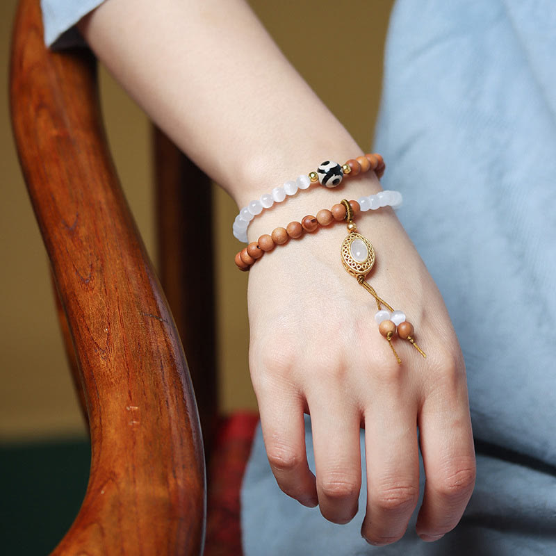 KarmaRipple's Sandalwood Cat's Eye Three-eyed Dzi Bead Gemstone Protectioin Bracelet p5