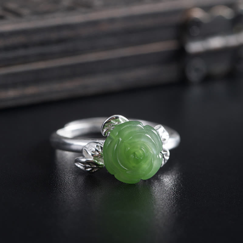KarmaRipple's 925 Sterling Silver Jade Green Rose Fortune Adjustable Ring p5