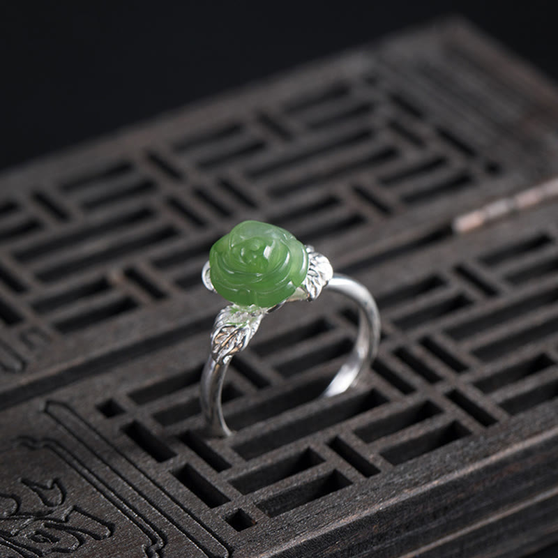 KarmaRipple's 925 Sterling Silver Jade Green Rose Fortune Adjustable Ring p4