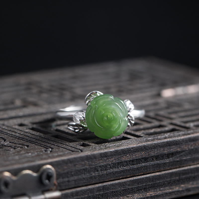 KarmaRipple's 925 Sterling Silver Jade Green Rose Fortune Adjustable Ring p3
