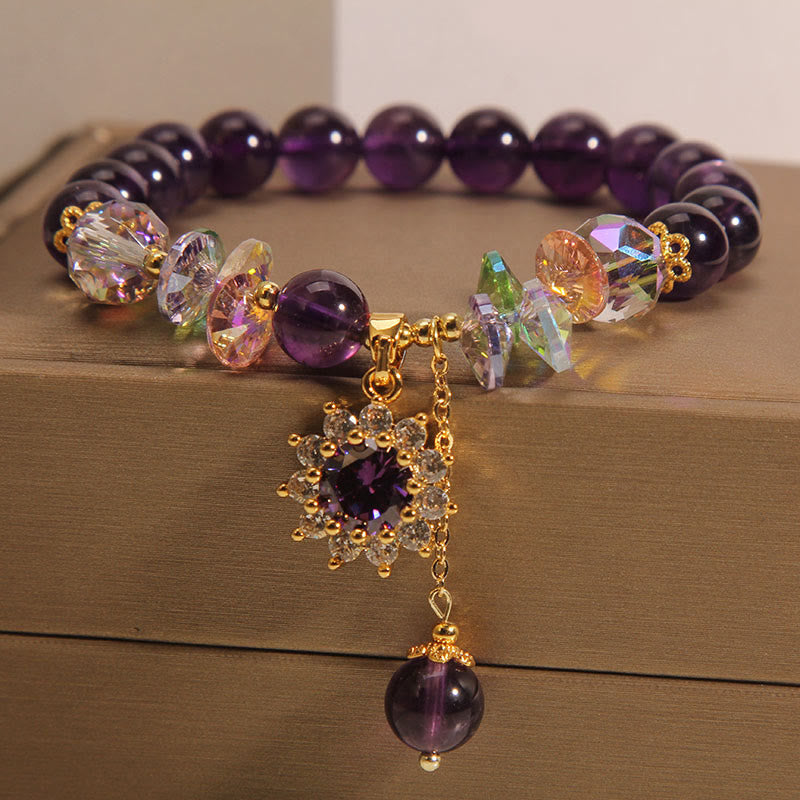KarmaRipple's Amethyst Green Gemstone Citrine Ivory Gemstone Sunflower Spiritual Awareness Bracelet p1