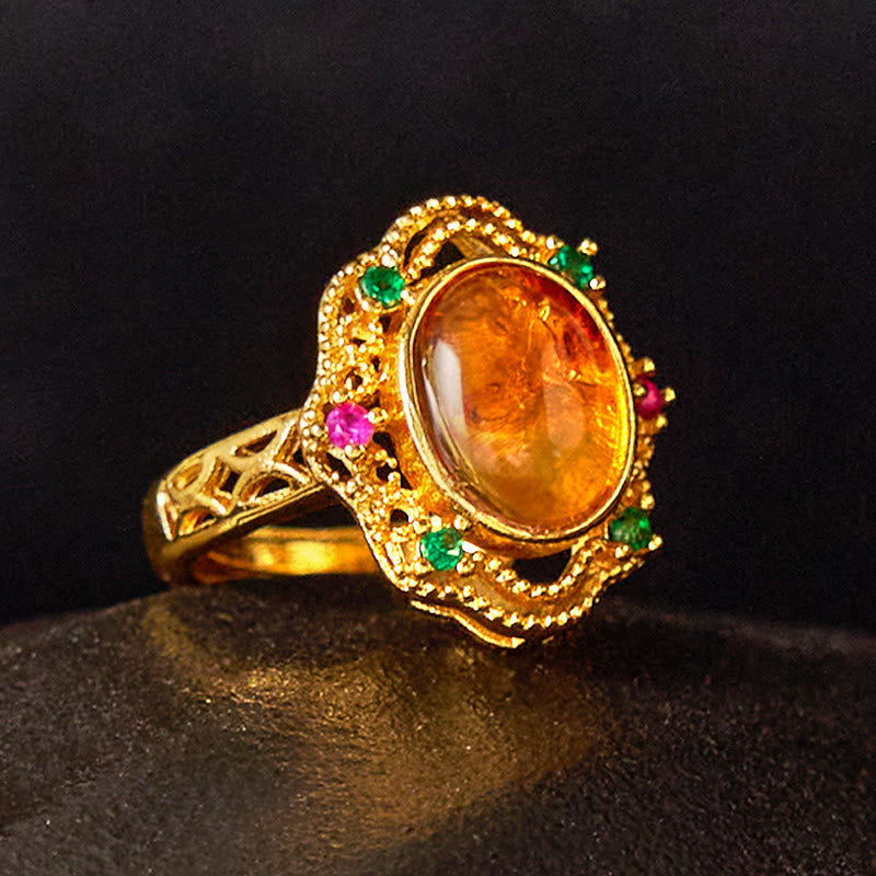 KarmaRipple's Flower Amber Hollow Lace Confidence Adjustable Ring p1