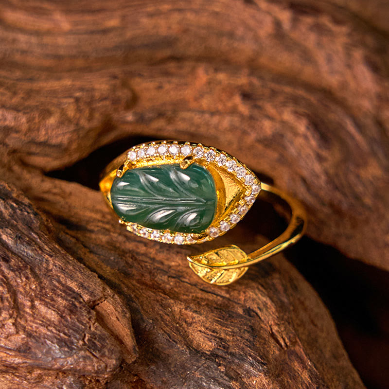 KarmaRipple's Bronze Plated Gold Authentic Jade Leaf Prosperity Adjustable Ring p4