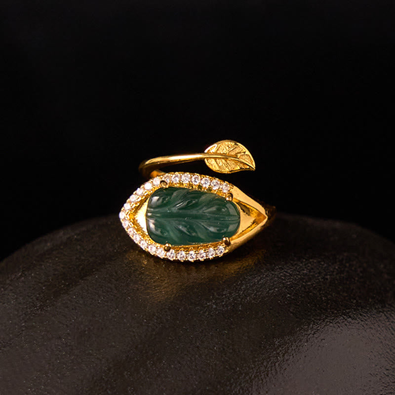 KarmaRipple's Bronze Plated Gold Authentic Jade Leaf Prosperity Adjustable Ring p13