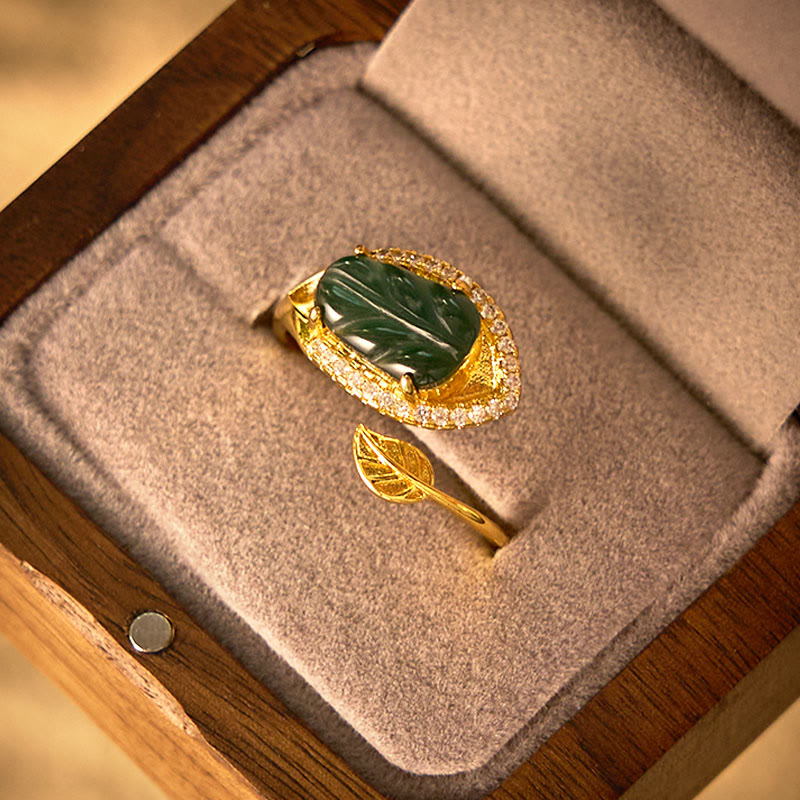 KarmaRipple's Bronze Plated Gold Authentic Jade Leaf Prosperity Adjustable Ring p9