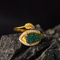 KarmaRipple's Bronze Plated Gold Authentic Jade Leaf Prosperity Adjustable Ring