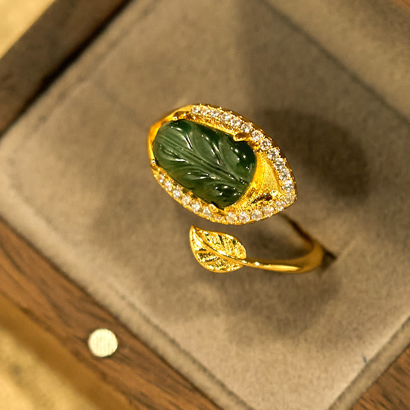 KarmaRipple's Bronze Plated Gold Authentic Jade Leaf Prosperity Adjustable Ring p8