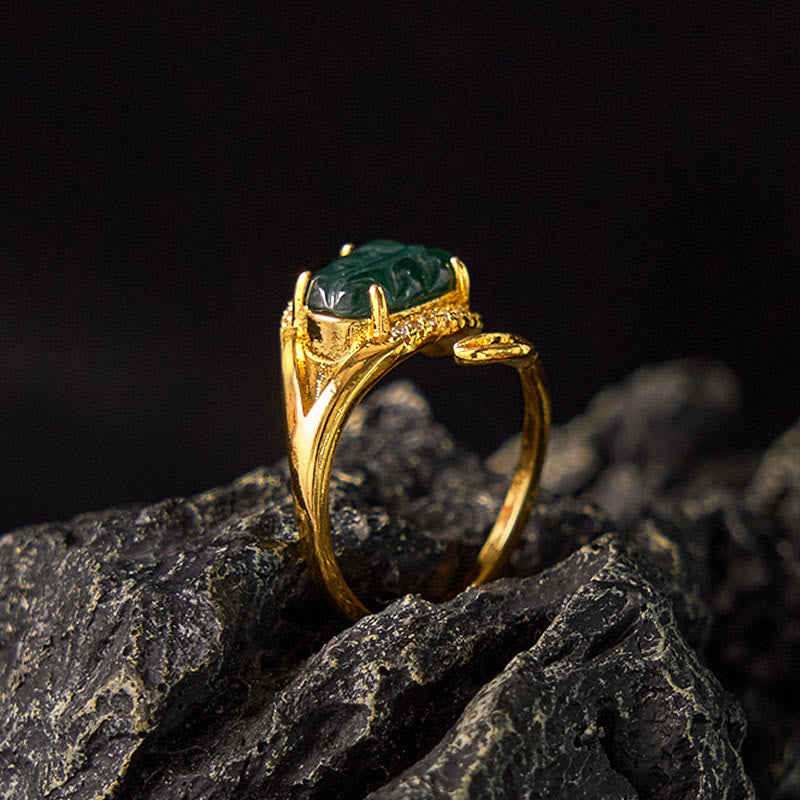 KarmaRipple's Bronze Plated Gold Authentic Jade Leaf Prosperity Adjustable Ring p2