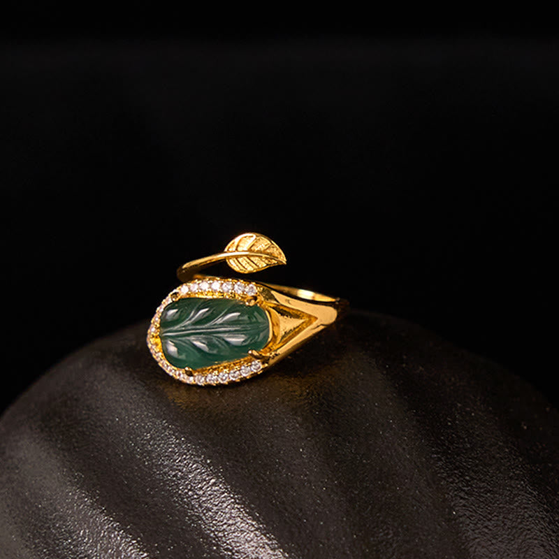 KarmaRipple's Bronze Plated Gold Authentic Jade Leaf Prosperity Adjustable Ring p12