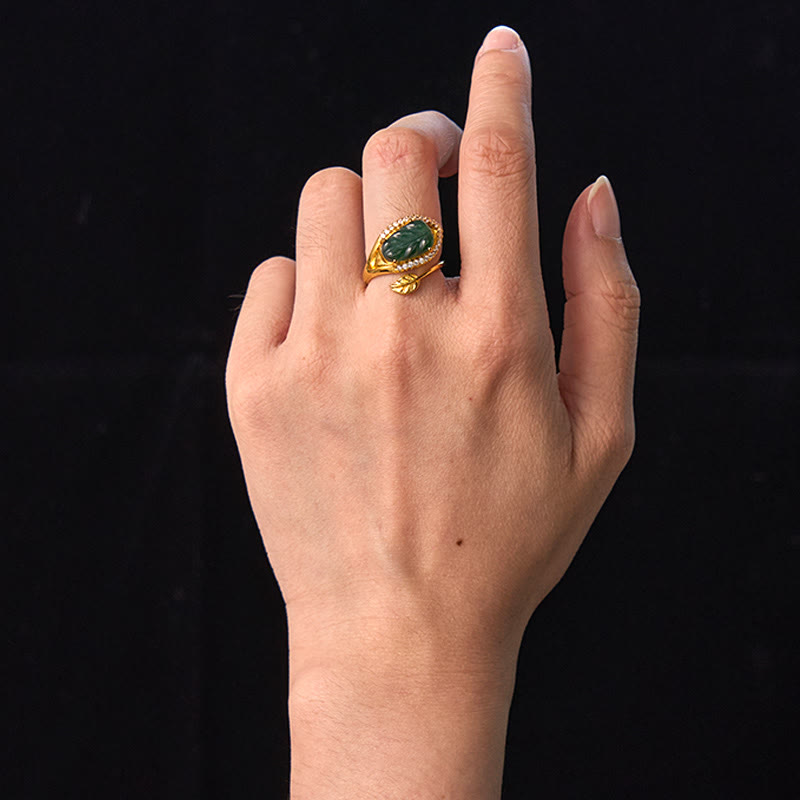 KarmaRipple's Bronze Plated Gold Authentic Jade Leaf Prosperity Adjustable Ring p5