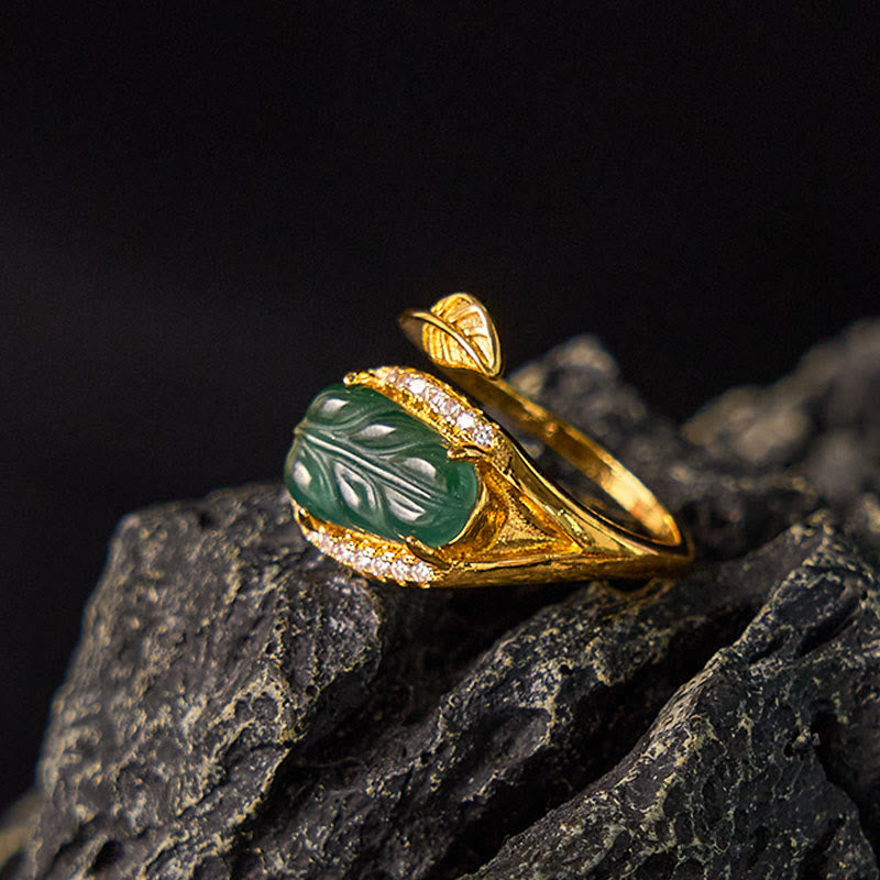 KarmaRipple's Bronze Plated Gold Authentic Jade Leaf Prosperity Adjustable Ring p3