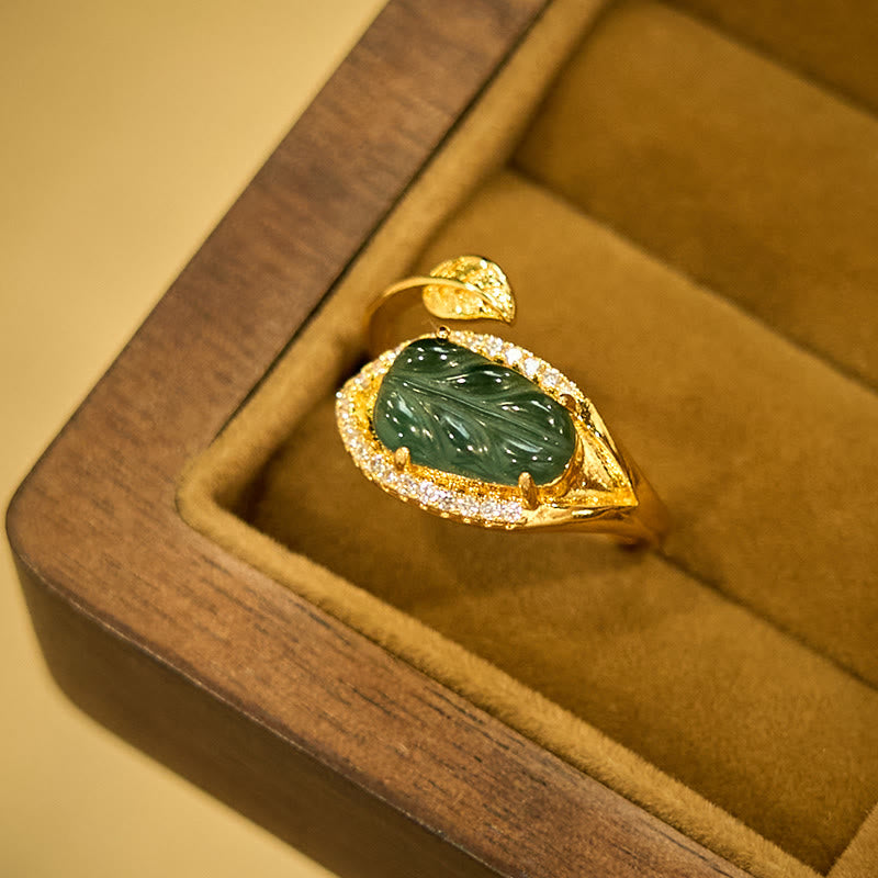 KarmaRipple's Bronze Plated Gold Authentic Jade Leaf Prosperity Adjustable Ring p10