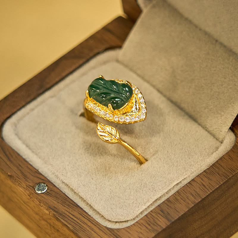KarmaRipple's Bronze Plated Gold Authentic Jade Leaf Prosperity Adjustable Ring p11