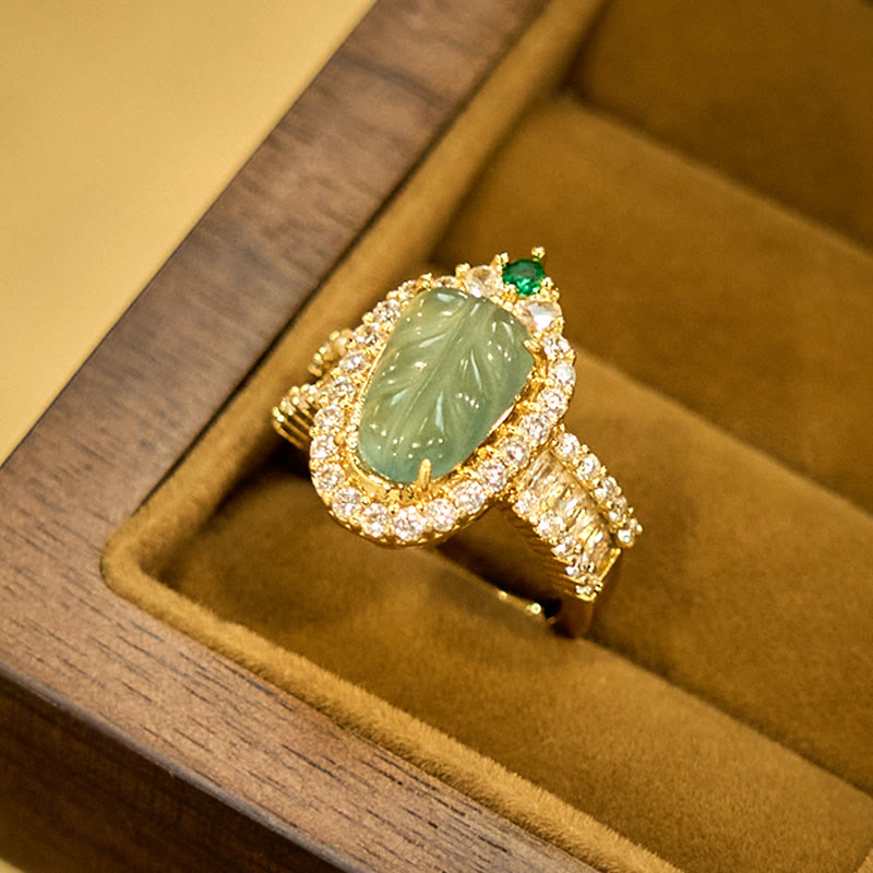 KarmaRipple's Bronze Plated Gold Authentic Jade Leaf Full Diamond Fortune Adjustable Ring p10