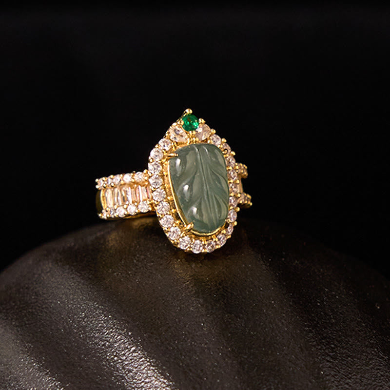 KarmaRipple's Bronze Plated Gold Authentic Jade Leaf Full Diamond Fortune Adjustable Ring p11
