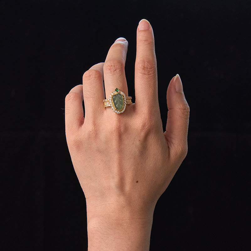 KarmaRipple's Bronze Plated Gold Authentic Jade Leaf Full Diamond Fortune Adjustable Ring p5