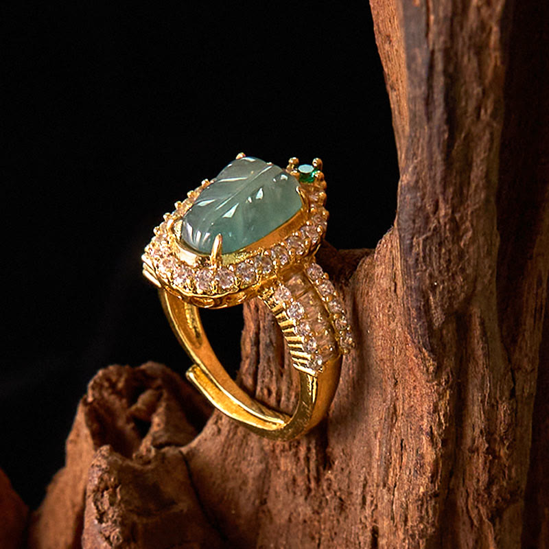 KarmaRipple's Bronze Plated Gold Authentic Jade Leaf Full Diamond Fortune Adjustable Ring p4