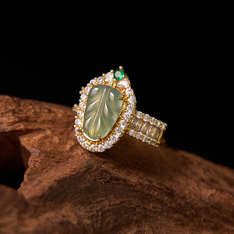 KarmaRipple's Bronze Plated Gold Authentic Jade Leaf Full Diamond Fortune Adjustable Ring p3
