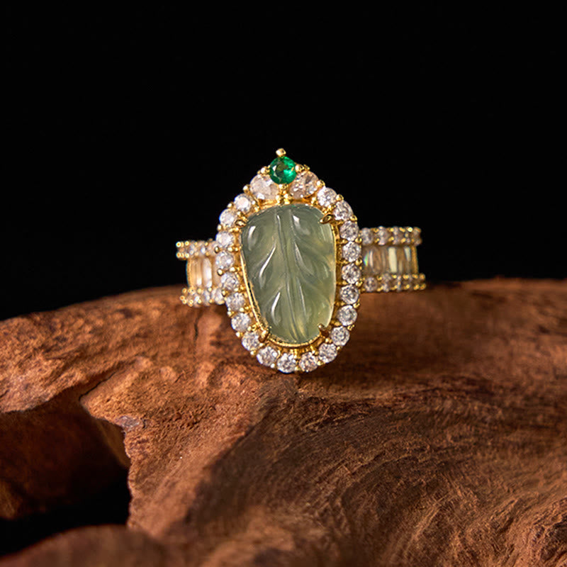 KarmaRipple's Bronze Plated Gold Authentic Jade Leaf Full Diamond Fortune Adjustable Ring p8