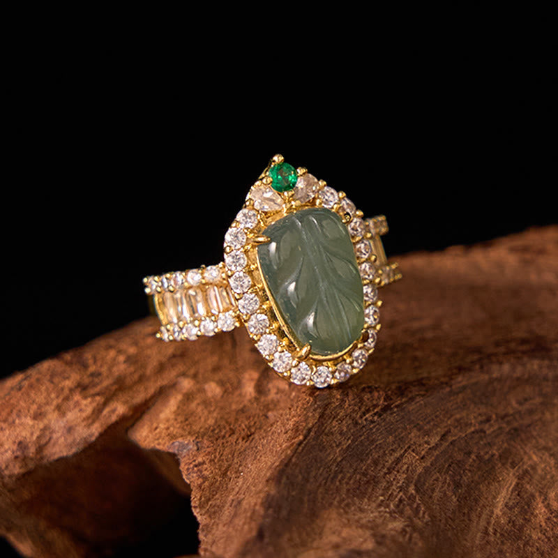 KarmaRipple's Bronze Plated Gold Authentic Jade Leaf Full Diamond Fortune Adjustable Ring p9