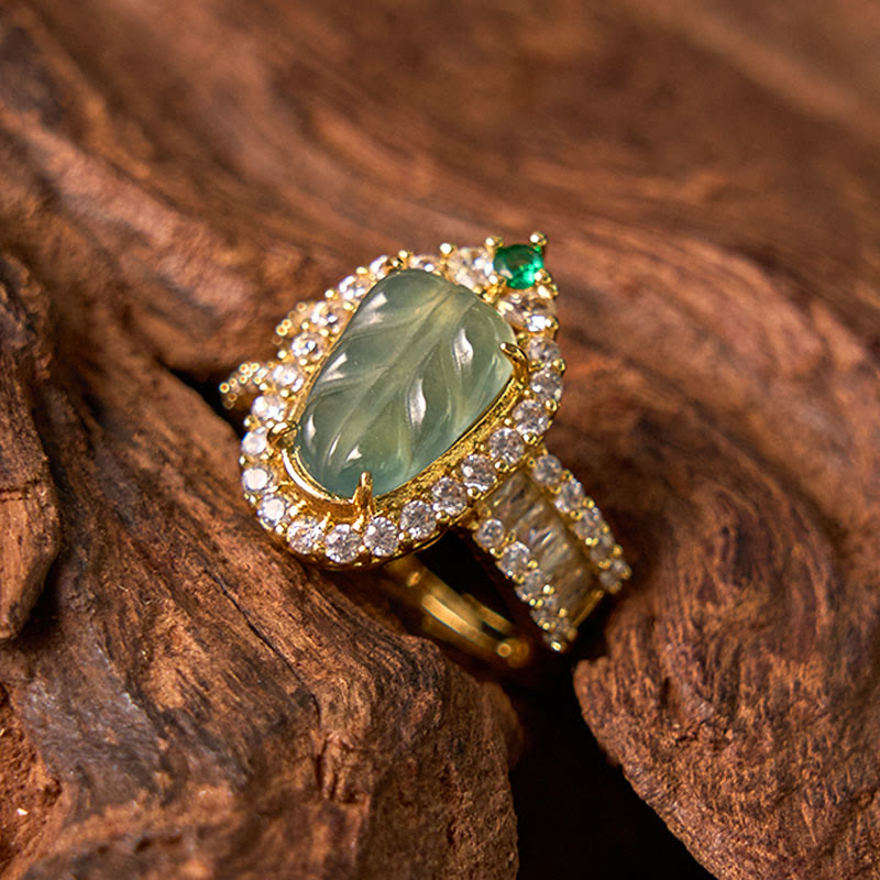 KarmaRipple's Bronze Plated Gold Authentic Jade Leaf Full Diamond Fortune Adjustable Ring p2