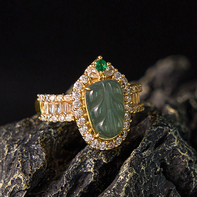 KarmaRipple's Bronze Plated Gold Authentic Jade Leaf Full Diamond Fortune Adjustable Ring p13