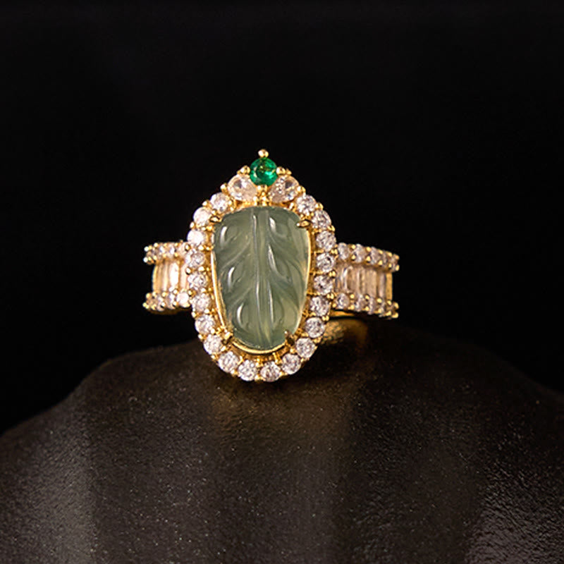 KarmaRipple's Bronze Plated Gold Authentic Jade Leaf Full Diamond Fortune Adjustable Ring p12