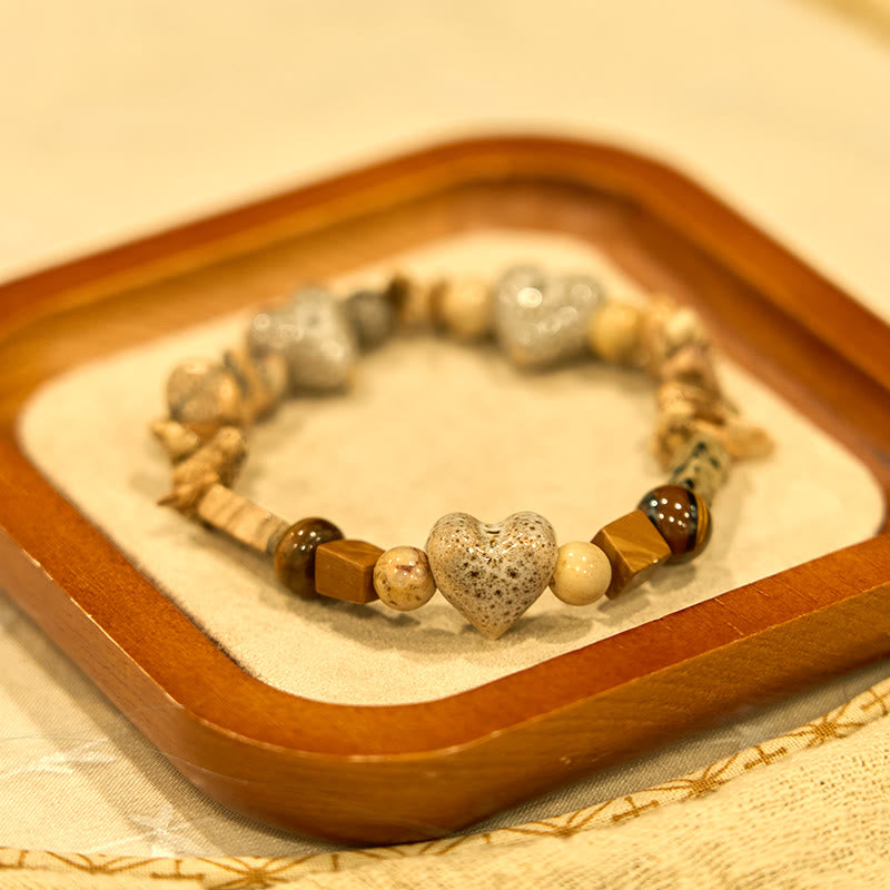 KarmaRipple's Authentic Dalmatian Jasper Stone Heart Shape Ceramics Bracelet p13