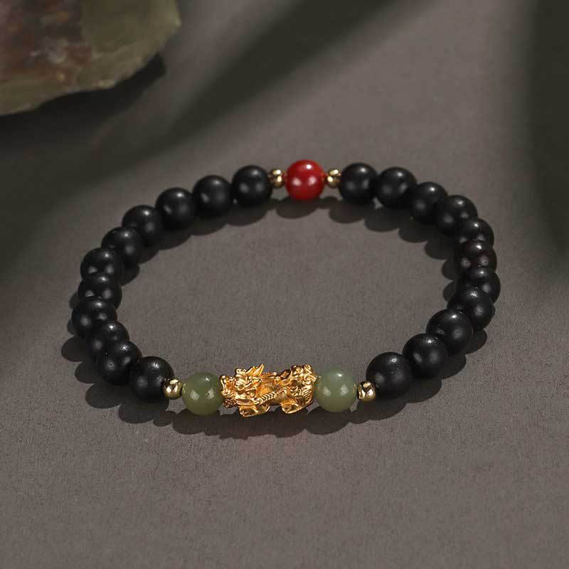 KarmaRipple's 999 Sterling Silver Sandalwood Ebony Wood Small Leaf Red Sandalwood Hetian Jade Cinnabar PiXiu Wealth Bracelet p4