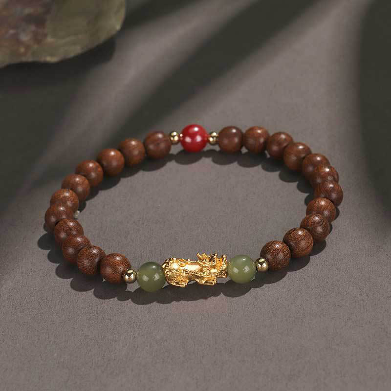 KarmaRipple's 999 Sterling Silver Sandalwood Ebony Wood Small Leaf Red Sandalwood Hetian Jade Cinnabar PiXiu Wealth Bracelet p23