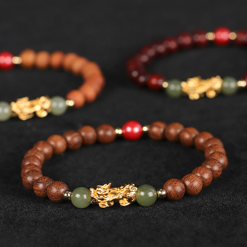KarmaRipple's 999 Sterling Silver Sandalwood Ebony Wood Small Leaf Red Sandalwood Hetian Jade Cinnabar PiXiu Wealth Bracelet p20