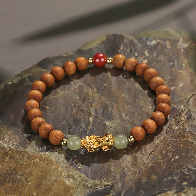 KarmaRipple's 999 Sterling Silver Sandalwood Ebony Wood Small Leaf Red Sandalwood Hetian Jade Cinnabar PiXiu Wealth Bracelet p1