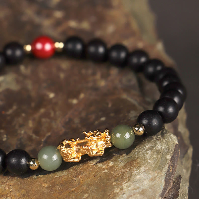 KarmaRipple's 999 Sterling Silver Sandalwood Ebony Wood Small Leaf Red Sandalwood Hetian Jade Cinnabar PiXiu Wealth Bracelet p14