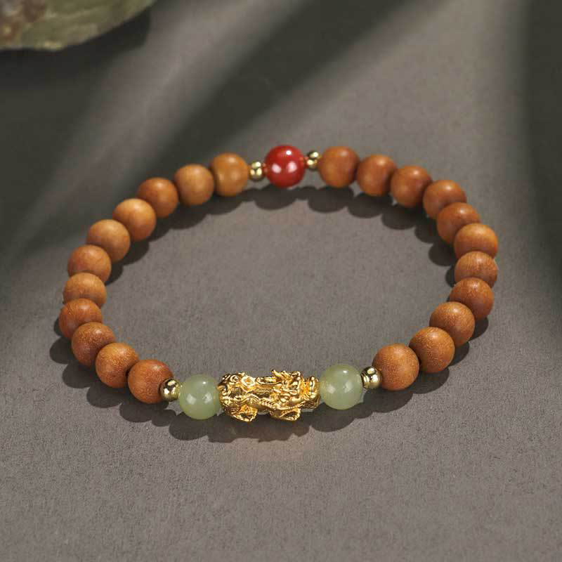 KarmaRipple's 999 Sterling Silver Sandalwood Ebony Wood Small Leaf Red Sandalwood Hetian Jade Cinnabar PiXiu Wealth Bracelet p6