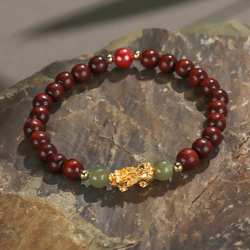 KarmaRipple's 999 Sterling Silver Sandalwood Ebony Wood Small Leaf Red Sandalwood Hetian Jade Cinnabar PiXiu Wealth Bracelet p24