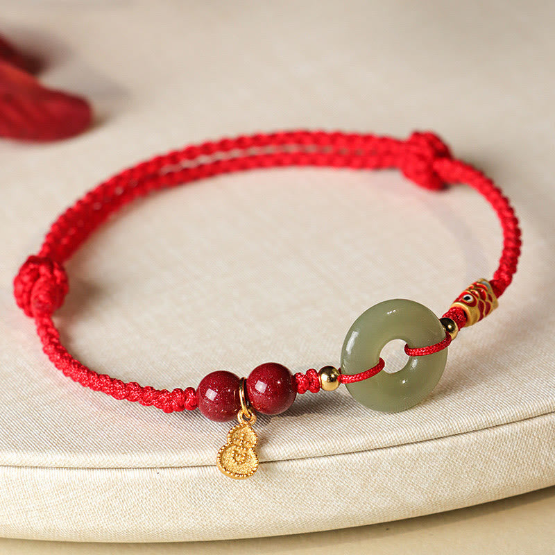 KarmaRipple's Red String Black String Hetian Jade Peace Buckle Cinnabar 925 Silver Protection Bracelet p1