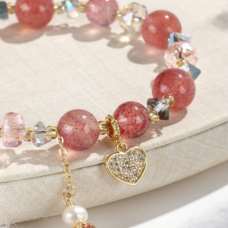 KarmaRipple's Strawberry Quartz Ivory Gemstone Pearl Liuli Heart Balancing Bracelet p8