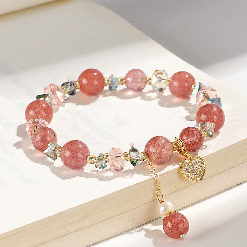 KarmaRipple's Strawberry Quartz Ivory Gemstone Pearl Liuli Heart Balancing Bracelet p2