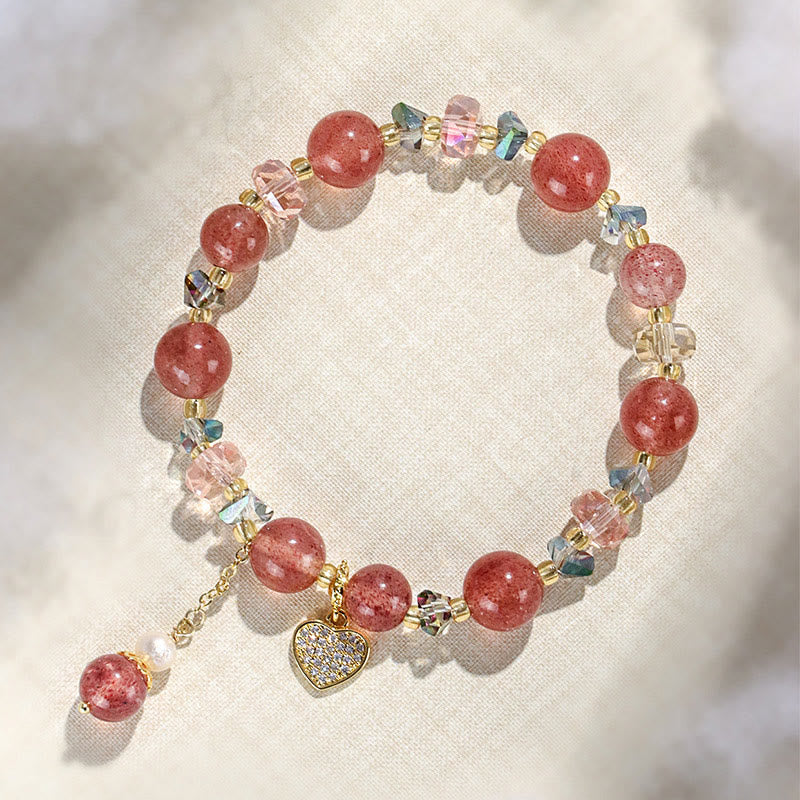 KarmaRipple's Strawberry Quartz Ivory Gemstone Pearl Liuli Heart Balancing Bracelet p3