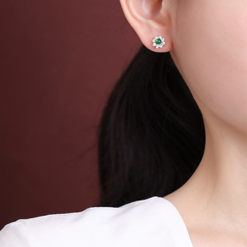 KarmaRipple's 925 Sterling Silver Round Jade Flower Prosperity Earrings p8